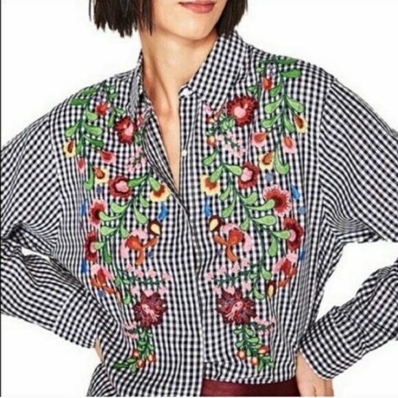 Zara Black & White Gingham Check Shirt With Embroidery - Picture 3 of 12